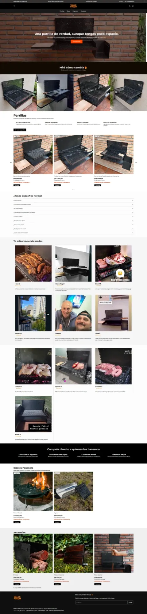 Home de Valle Fuego en desktop, con el hero de la parrilla montada en la pared y la sección “Mirá cómo cambia”