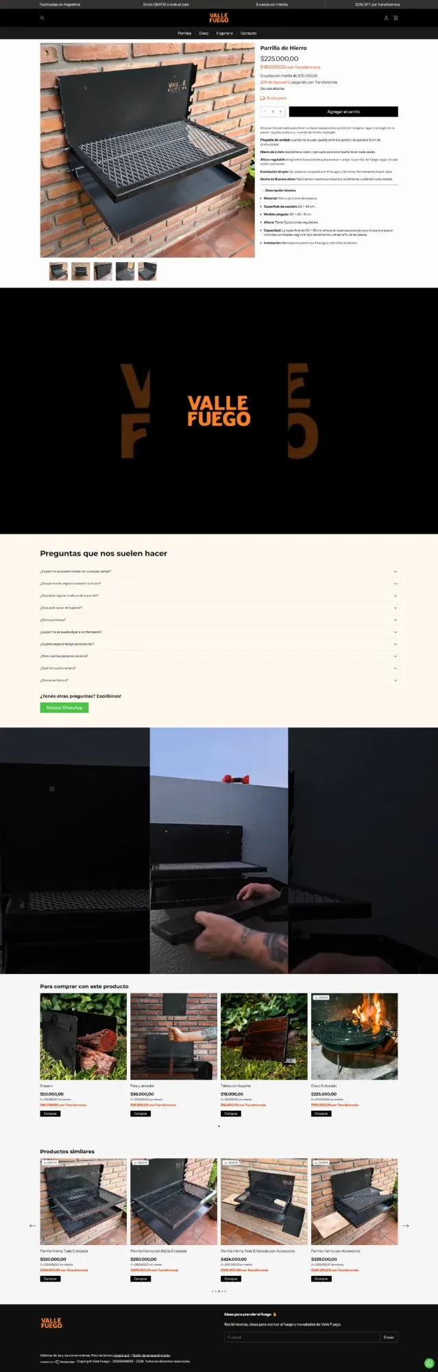 Ficha de producto de la Parrilla de Hierro en desktop, con specs técnicas, FAQ y productos para comprar junto con este